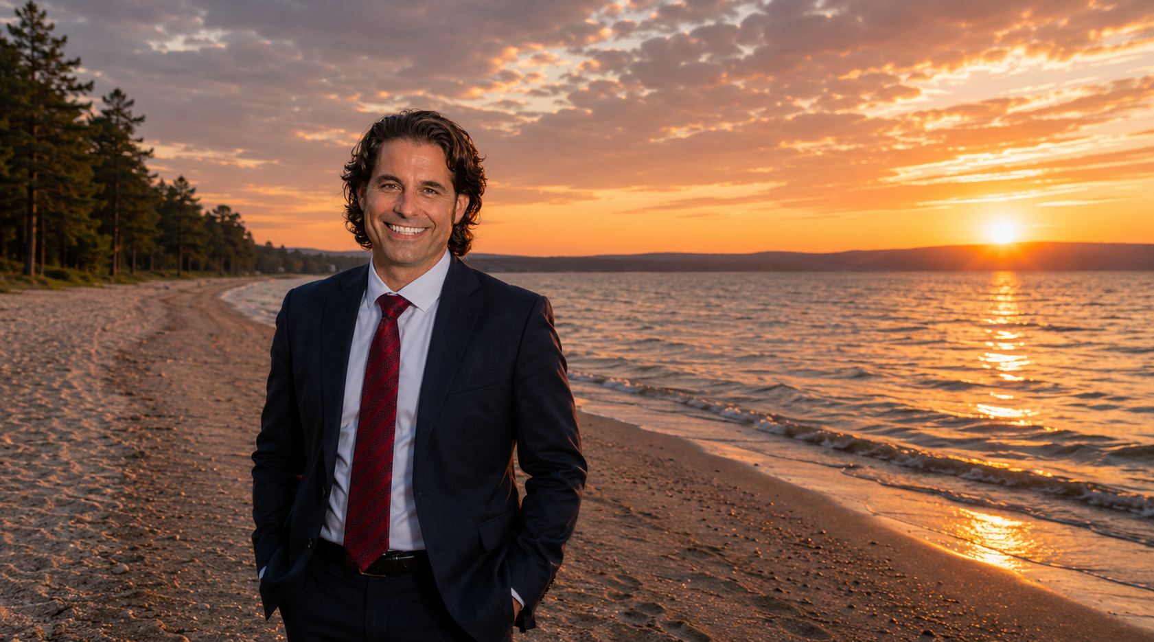 Leslie Farkas at sunrise on the shore of Wasaga Beach, looking to the horizon